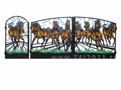 Ворота художественной резки с росписью №34 "Табун"